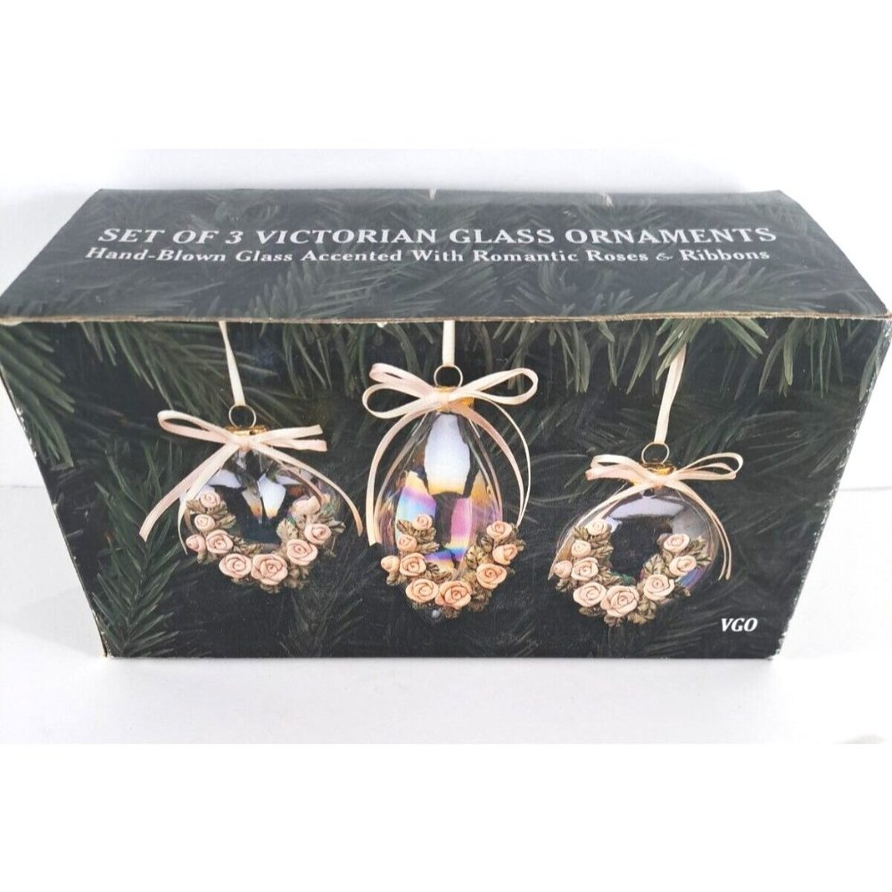 Victorian Christmas Ornament Set of 3 Hand Blown Clear Glass Roses Ribbons